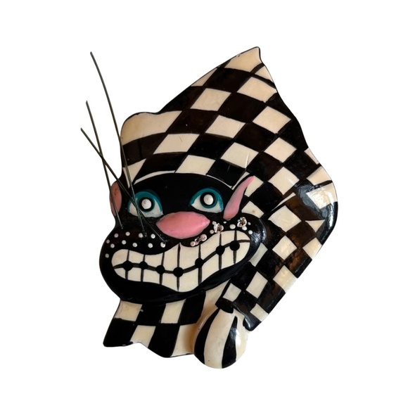 Vintage  Kelly Graham Purrfect Pieces Cheshire Cat Checkered Brooch Pin - Picture 1 of 5